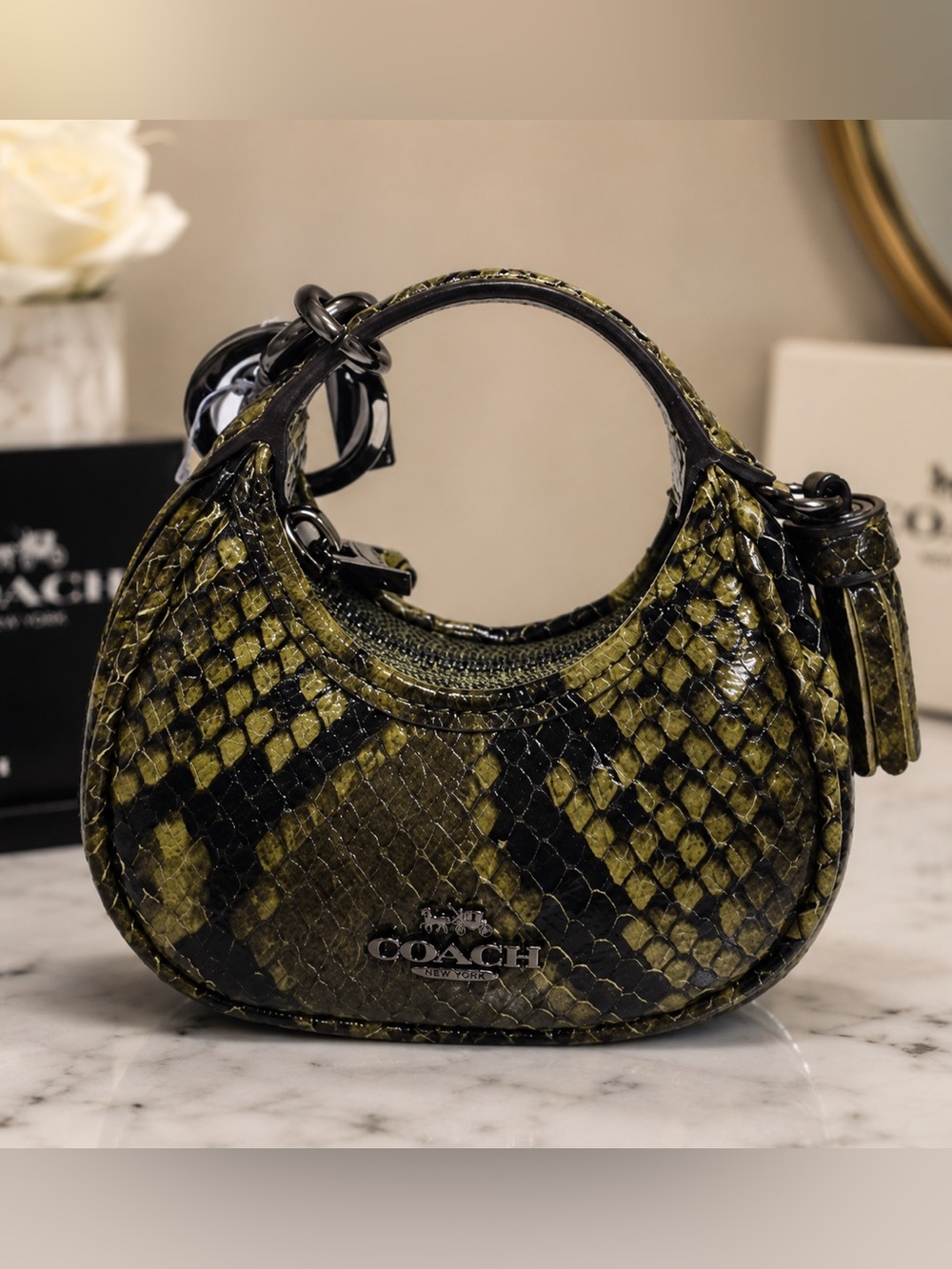 NWT Coach Mini Carmen Snake Print Bag Charm Keychain CCF18 Olive Multi